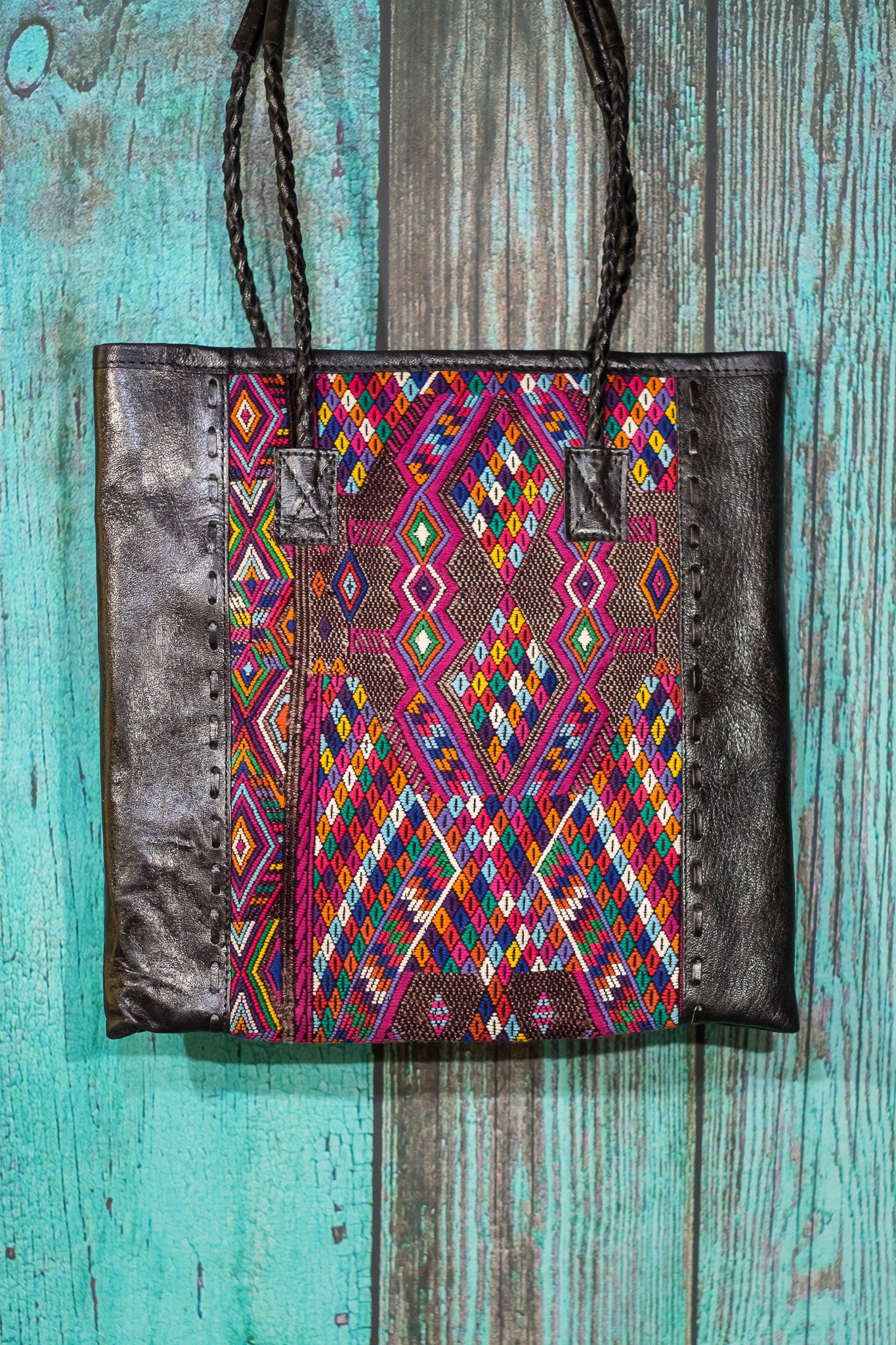 Braided Huipil Leather Tote Bag Purse Dalora