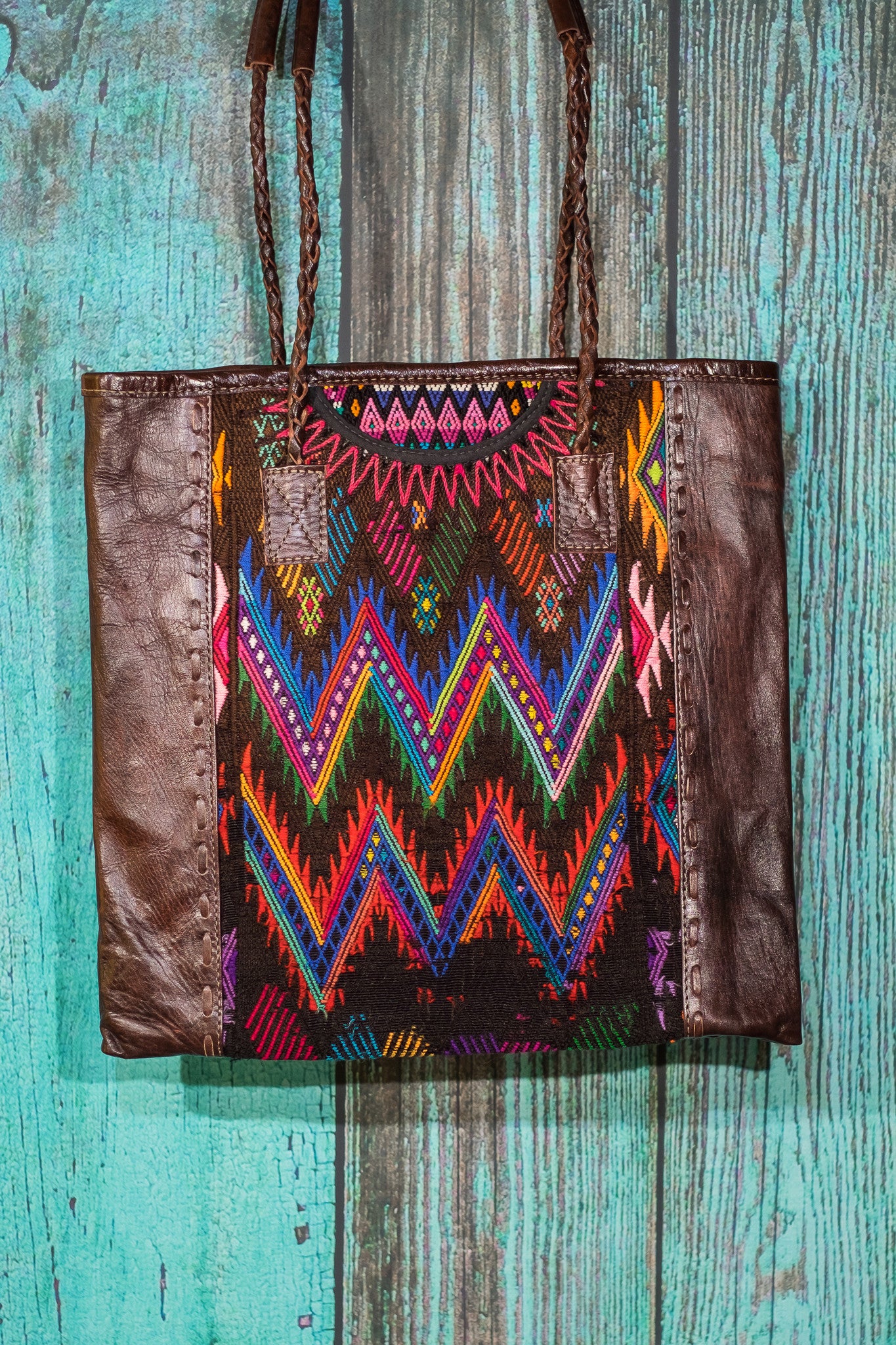 Braided Huipil Leather Tote Bag Purse Bayou
