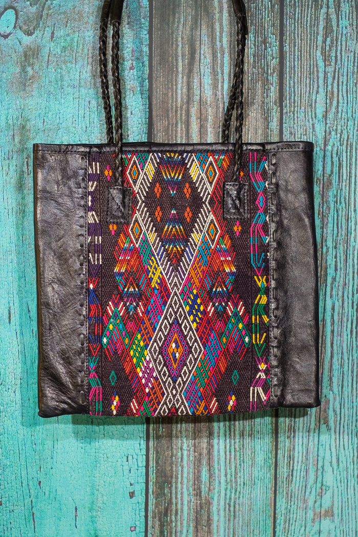 Braided Huipil Leather Tote Bag Purse Veda