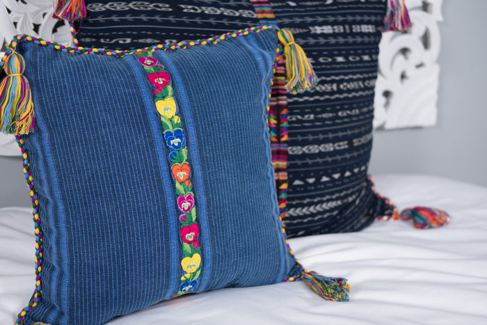 Cortes Huipil Pillow Cover Denim + Flowers