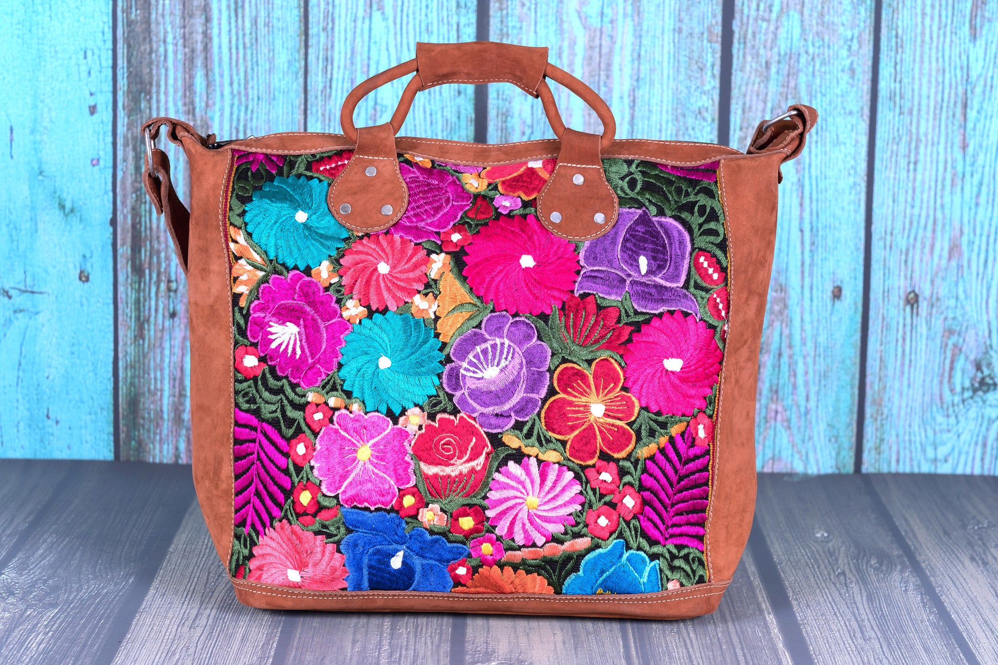 Huipil Overnighter Tote Bag Cross Body Embroidered Flowers