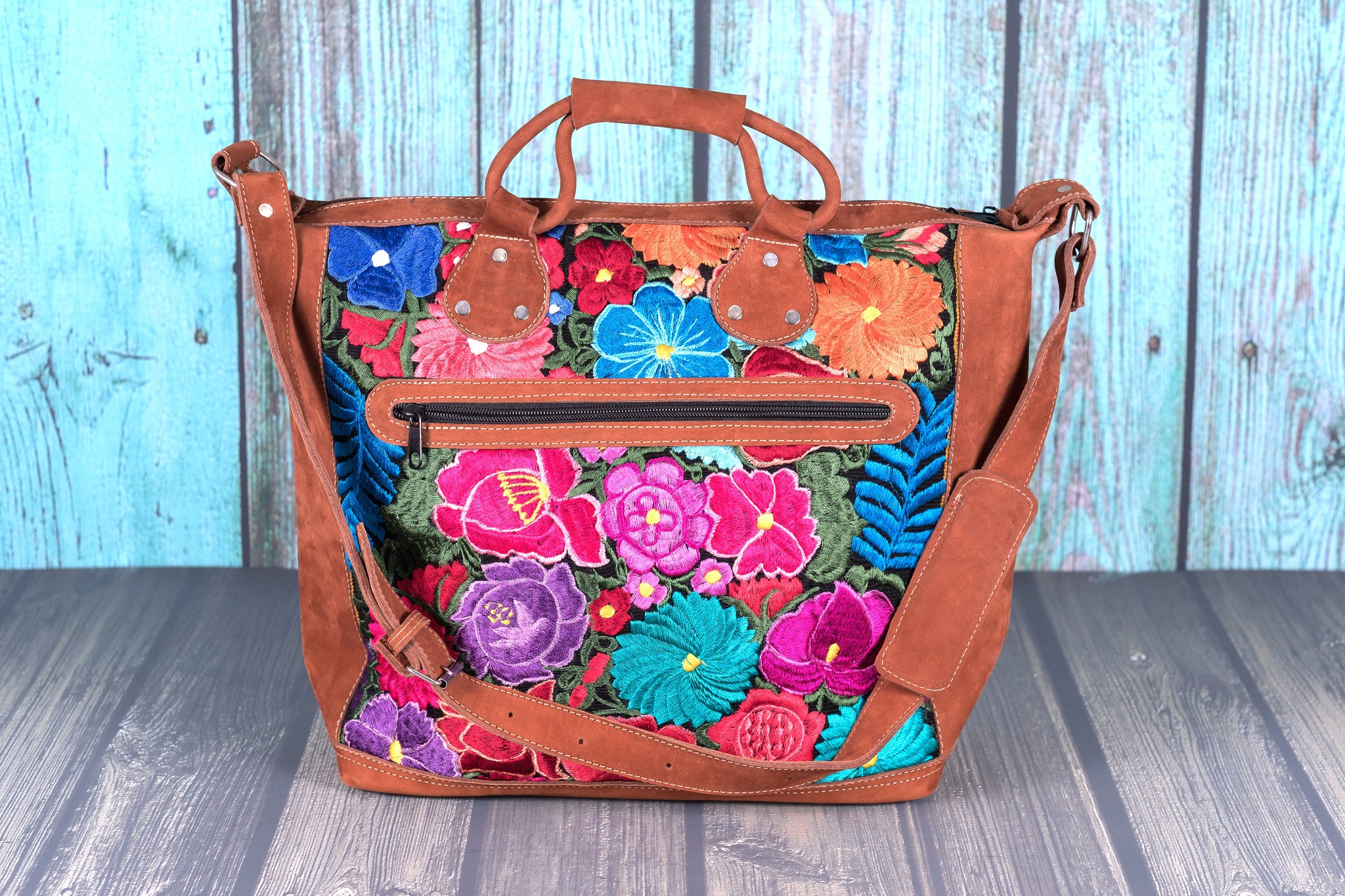 Huipil Overnighter Tote Bag Cross Body Embroidered Flowers